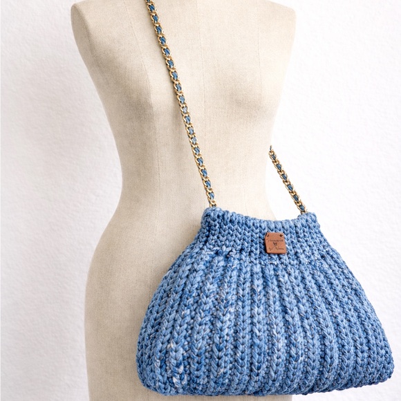 Handbags - Crochet Blue Woven Chain Shoulder Bag